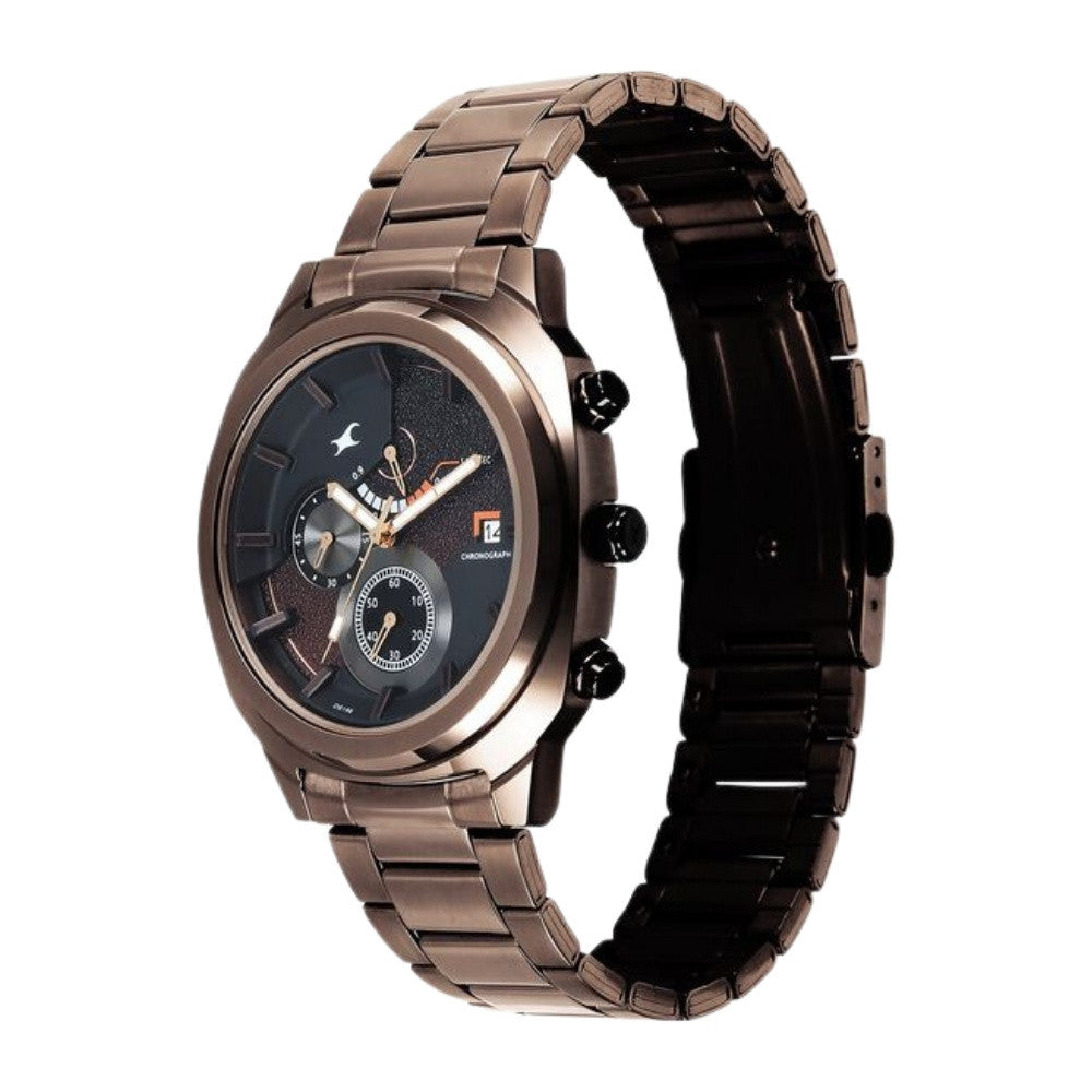Fastrack Kronos Guys Chronograph Watch With Date Black Dial & Brown Stainless Steel Strap 3335KM01