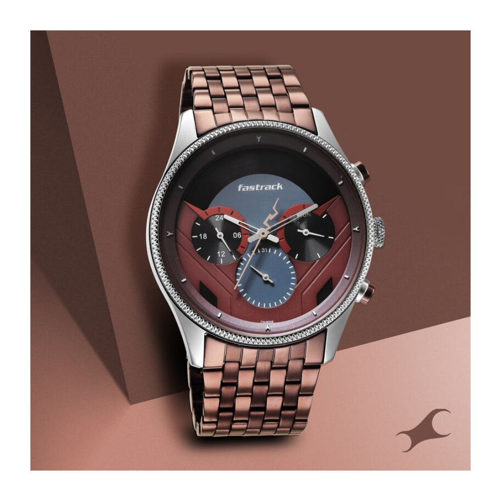 Fastrack Thor Quartz Multifunction Red Dial Metal Strap Watch for Guys 3286KM01