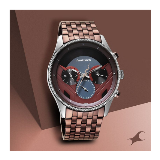 Fastrack Thor Quartz Multifunction Red Dial Metal Strap Watch for Guys 3286KM01