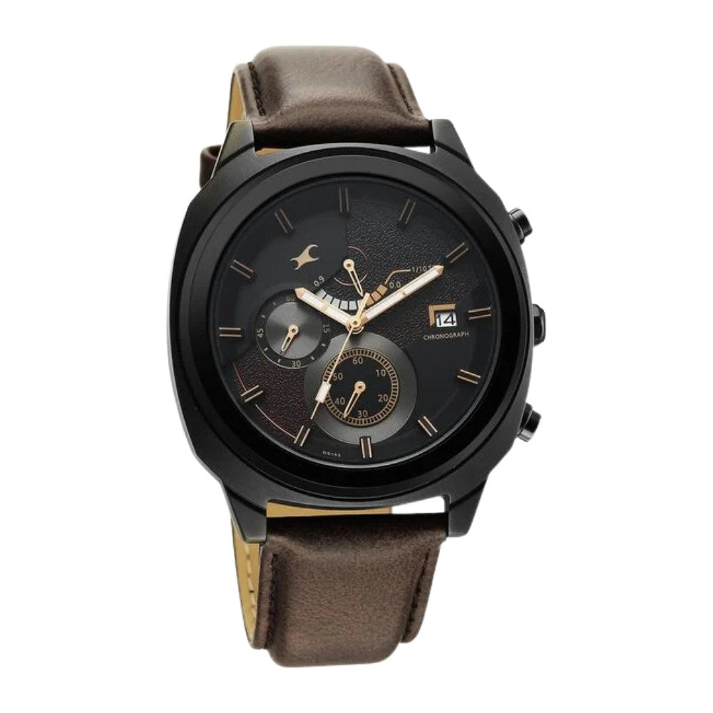Fastrack Kronos Guys Chronograph Watch With Date Black Dial & Brown Leather Strap 3335NL01