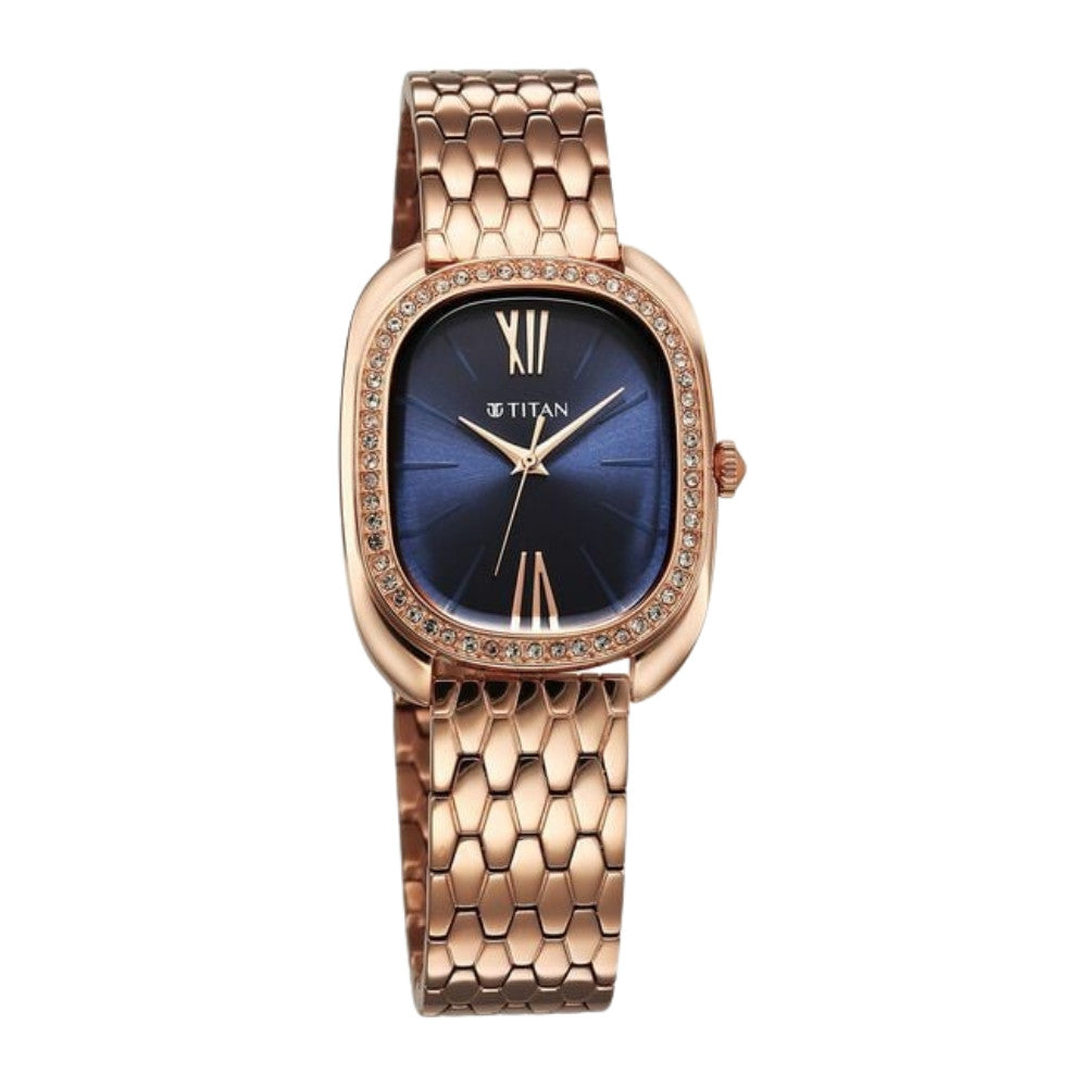 Titan Glamour Quartz Analog Blue Dial Rose Gold Stainless Steel Strap Watch For Women 95317WM01