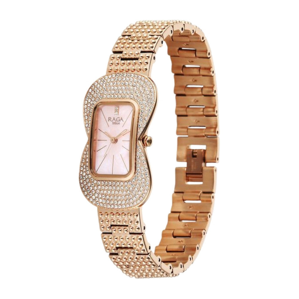 Titan Raga Glimmers Quartz Analog Pink Mother Of Pearl Dial Rose Gold Metal Strap Watch For Women 95340WM01F